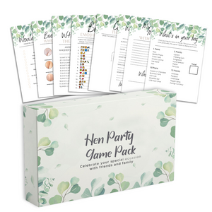 8 Hen Party Games bundle box containing 41 double-sided A6 cards