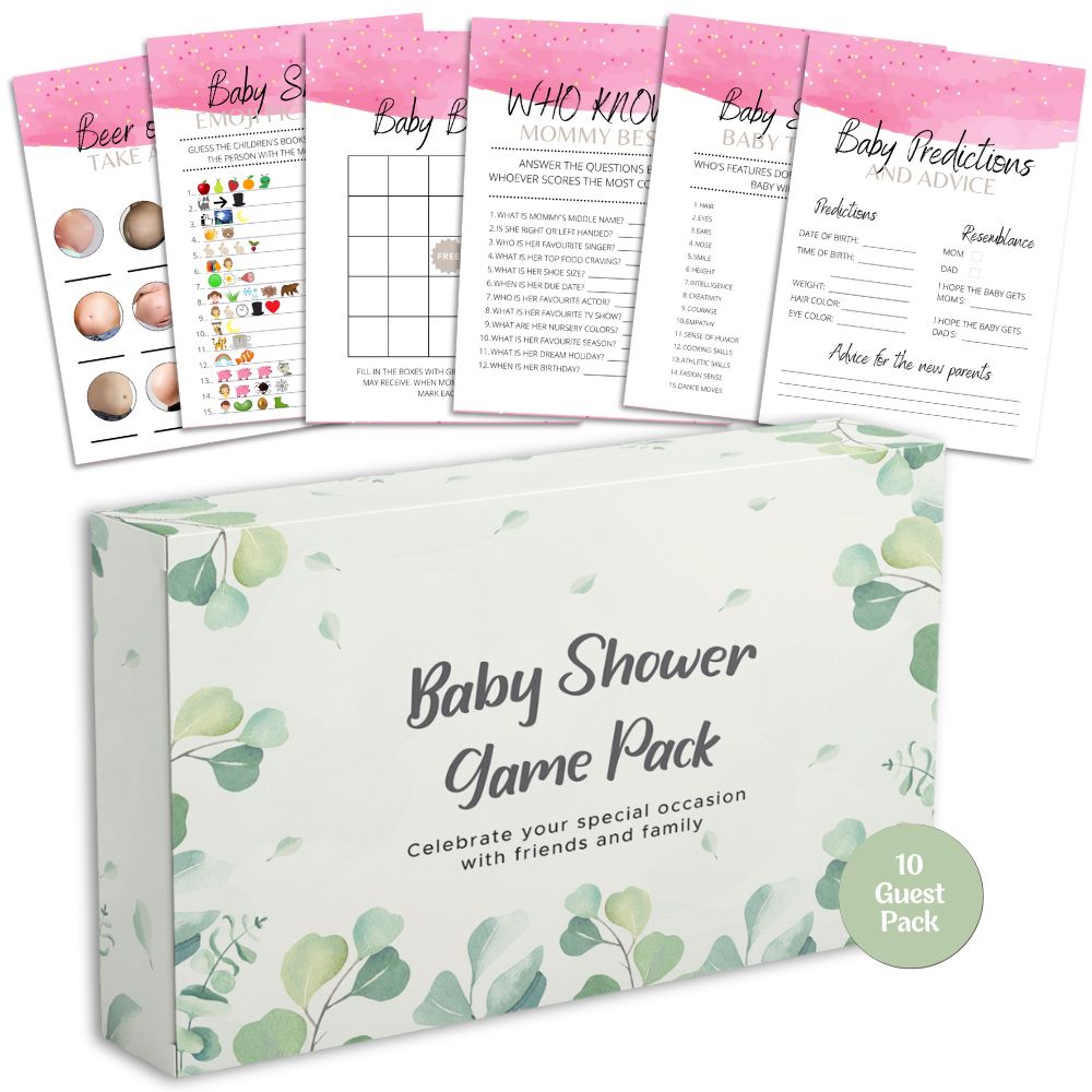 Set Di 4 Giochi Per Baby Shower, 30 Ospiti, Tema Fiori Eucalipto Verde, Carte Double Face 14x20 Cm