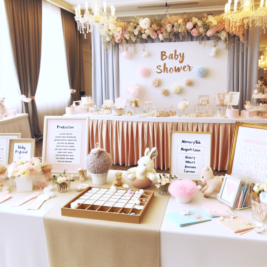 Baby shower keepsake cards and memory book on a table