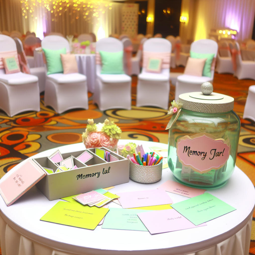 Guests sharing stories at a baby shower with memory cards