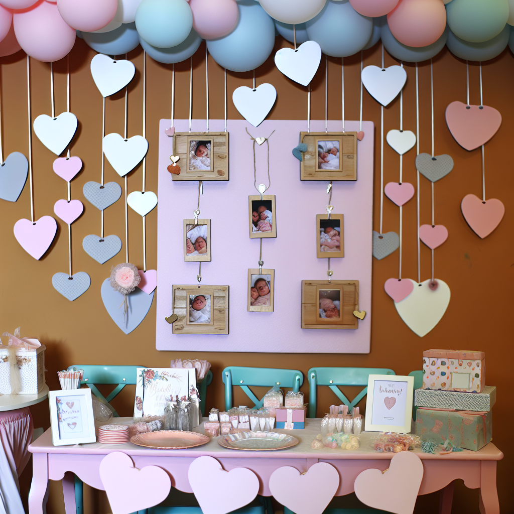 Baby shower table set for games with cards and decorations