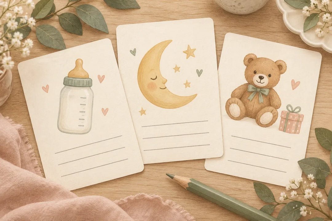 Illustration of baby themed picture clues with a bottle, moon, teddy bear and gift beside a pencil
