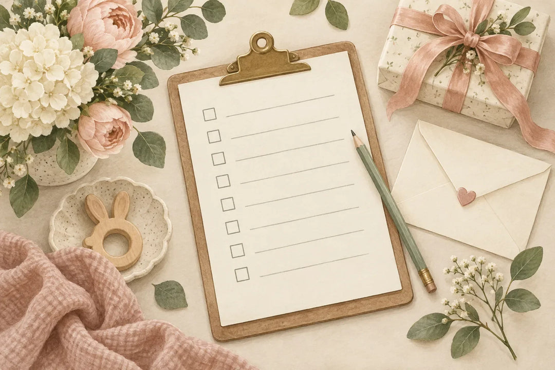 Illustration of a baby shower planning clipboard, pencil, blank invitation and small gift