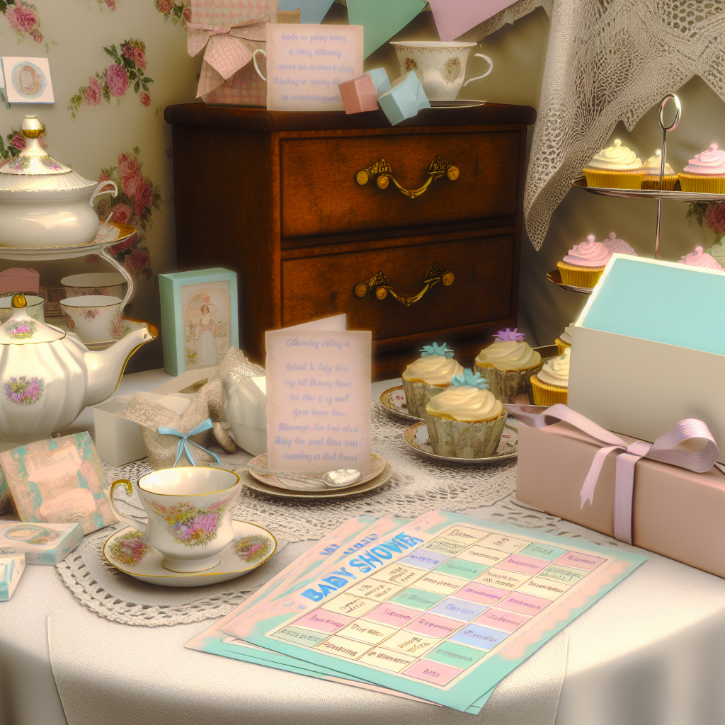 Vintage-style baby shower table setting with retro game cards