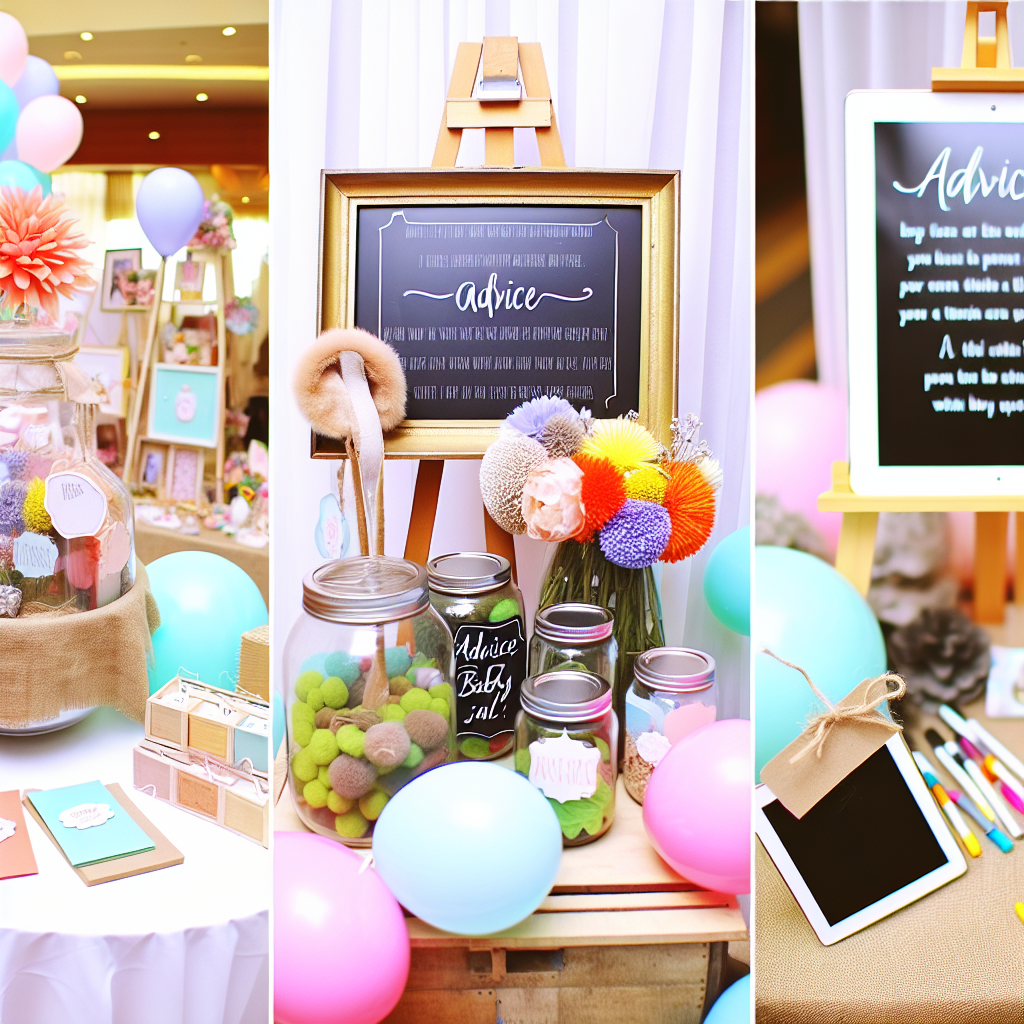 Baby shower advice jar and guest book on a decorated table