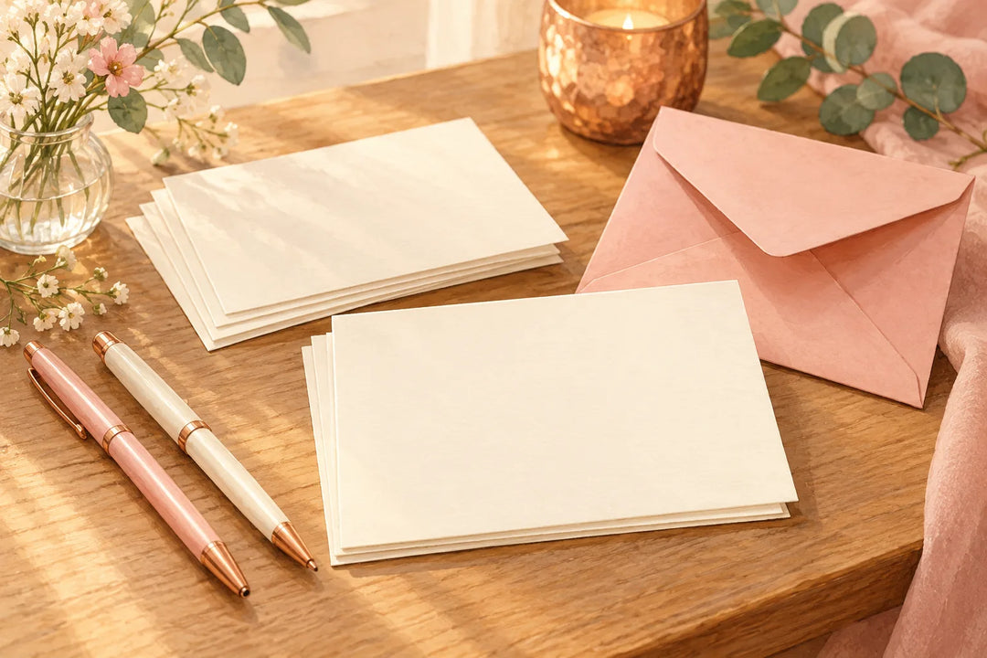 Illustrated advice-card station with blank cards, pens and an envelope for the bride