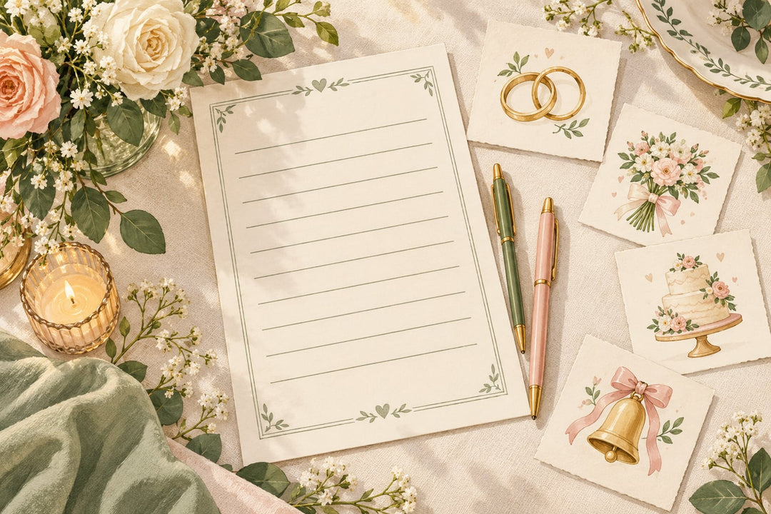 Illustrated wedding-themed guessing game with answer sheets, pens and wedding symbols