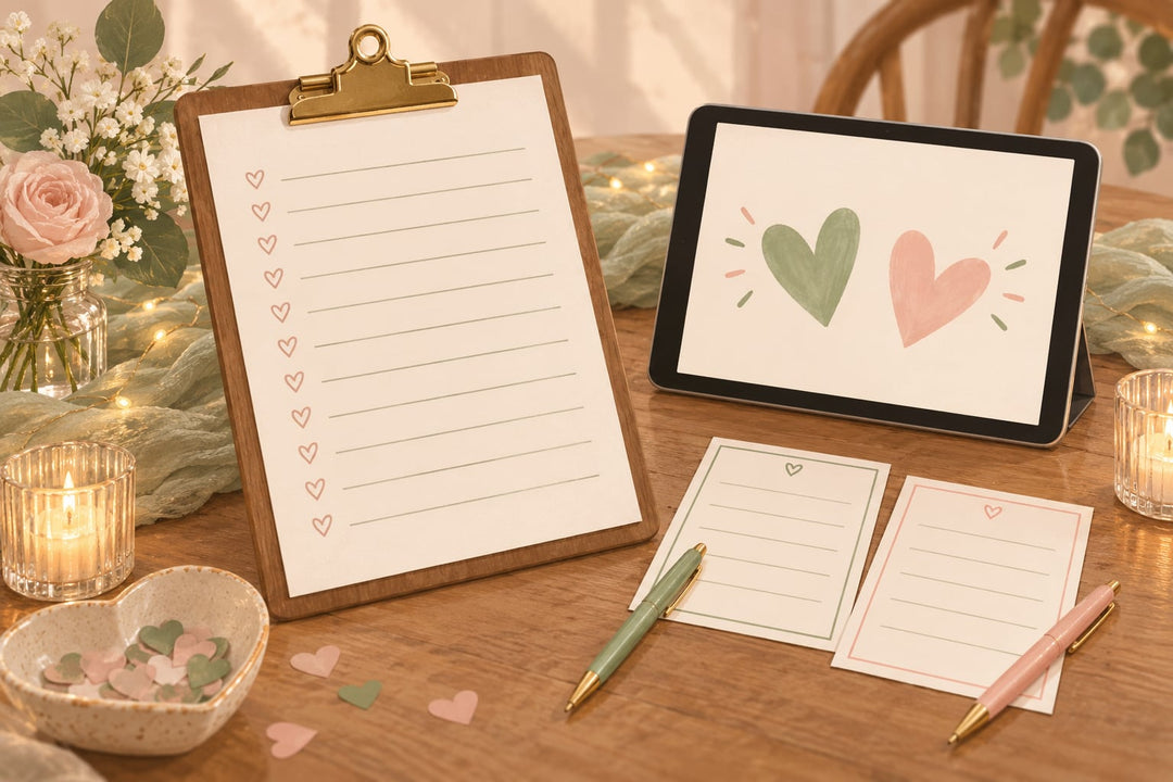 Illustrated hen-party quiz setup with a host clipboard, answer cards and a screen