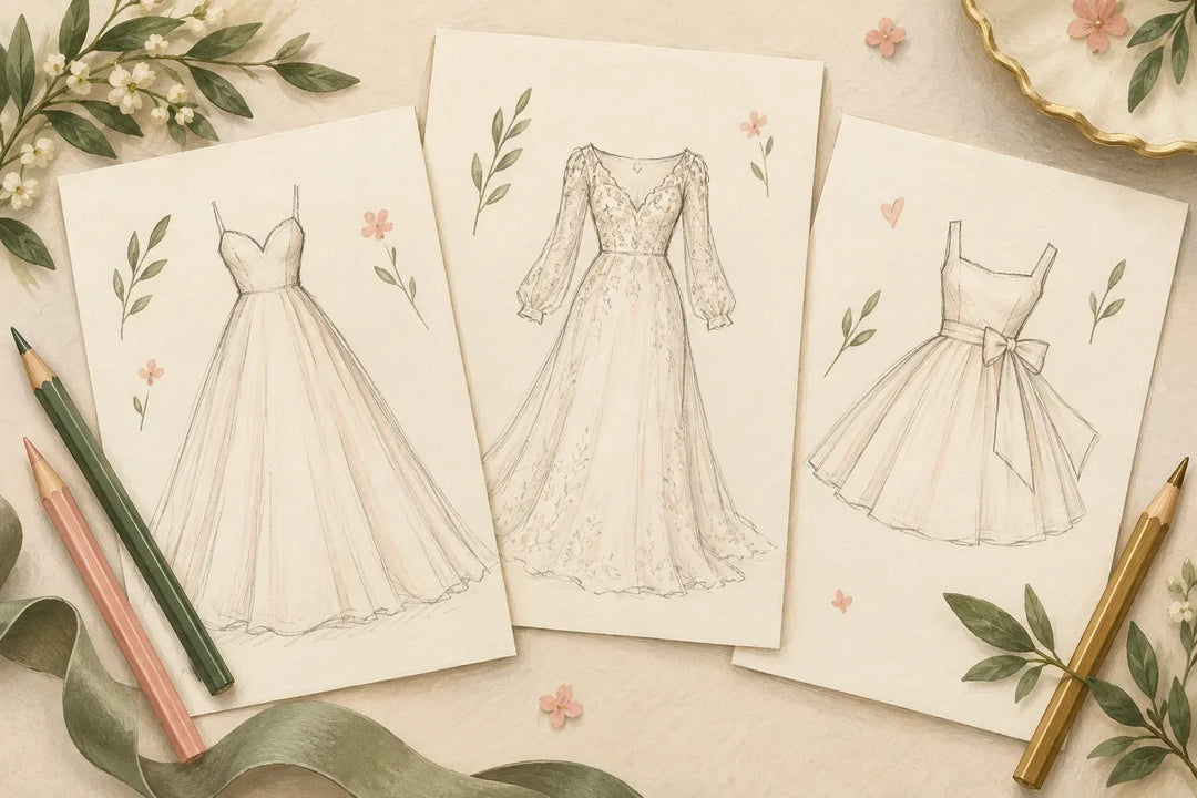 Illustration of three wedding dress sketches and coloured pencils for Guess the Dress
