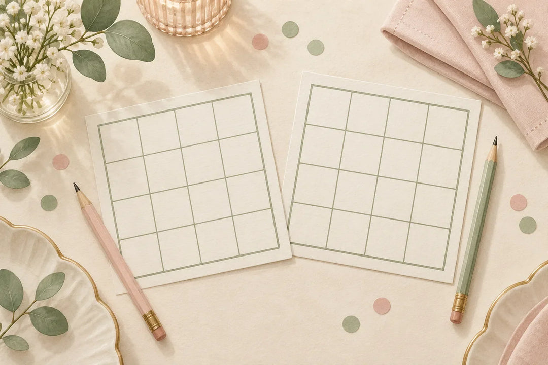 Illustration of blank bingo grids and pencils on a hen party table