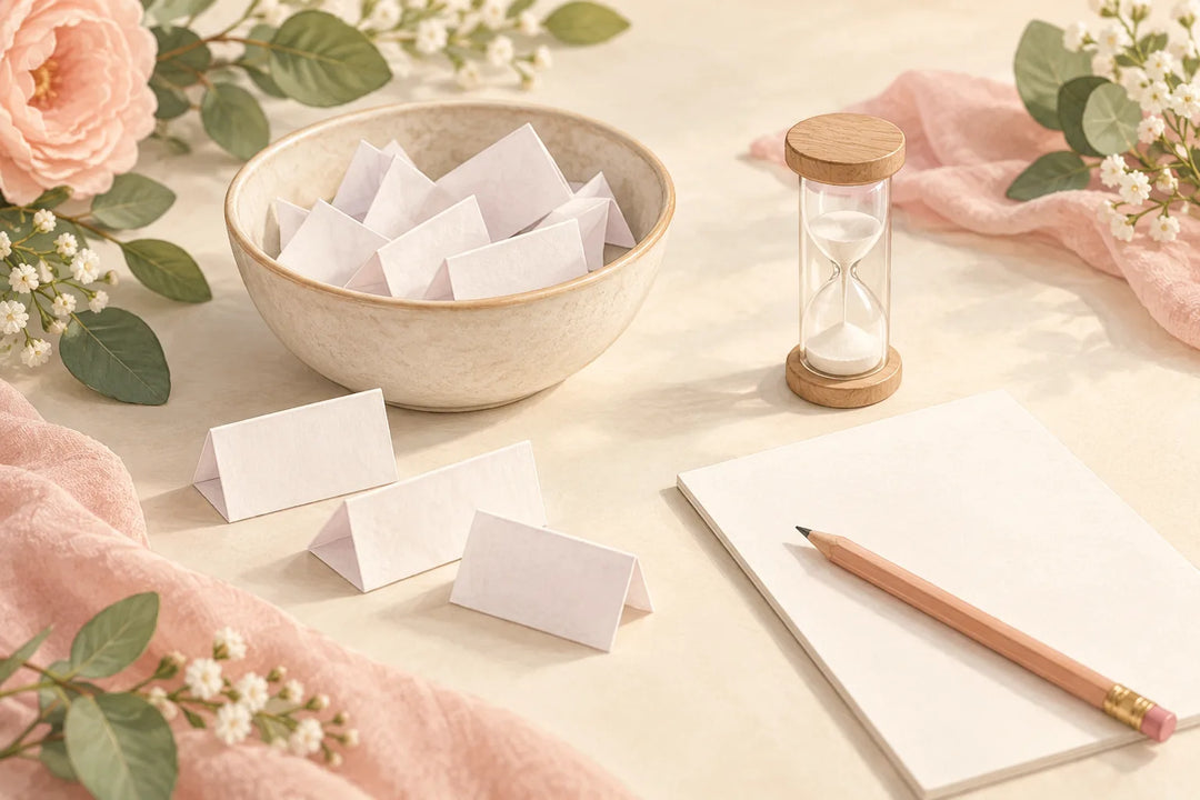 Illustration of folded charades slips beside a timer and blank score sheet