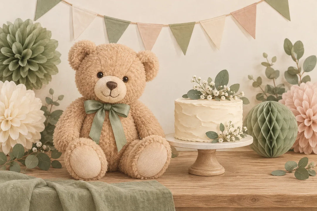 Illustration of a teddy bear beside a small baby shower cake, cream bunting and sage foliage