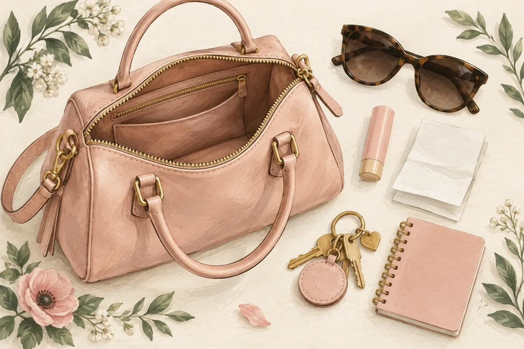 Illustration of an open handbag with sunglasses, keys, a receipt and a notebook for a hen party game
