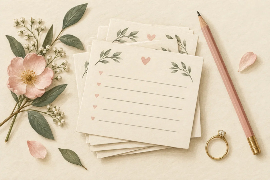 Illustration of blank quiz cards, a pencil and a wedding ring for Who Knows the Bride Best