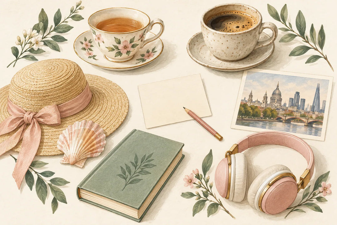 Illustrated choices of tea or coffee, a beach or city break, and books or music
