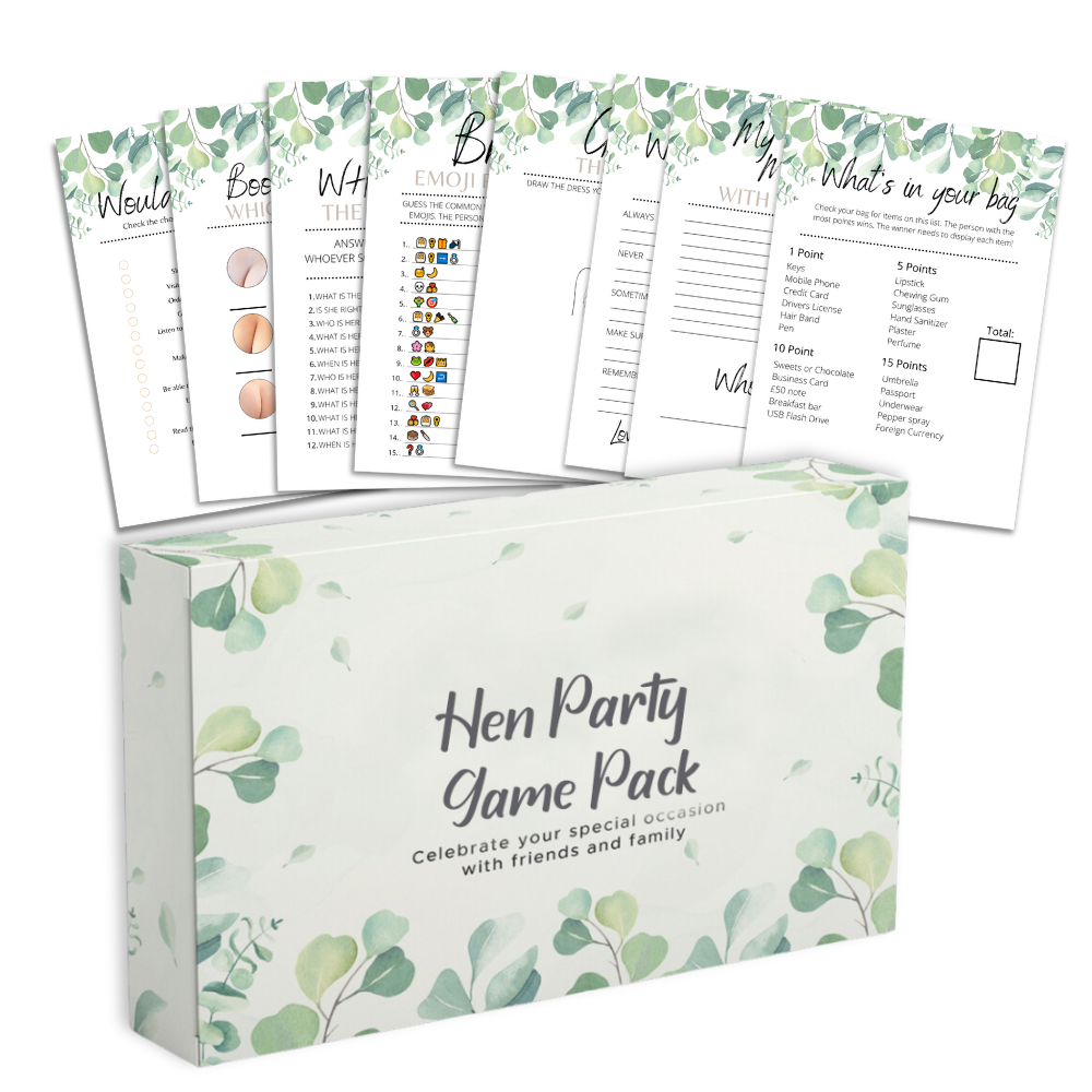 8 Hen Party Games Bundle -  80 game pack  - 10, 20, 30 or 40 Guests Pack, Fun & Laughter for Bridal Event