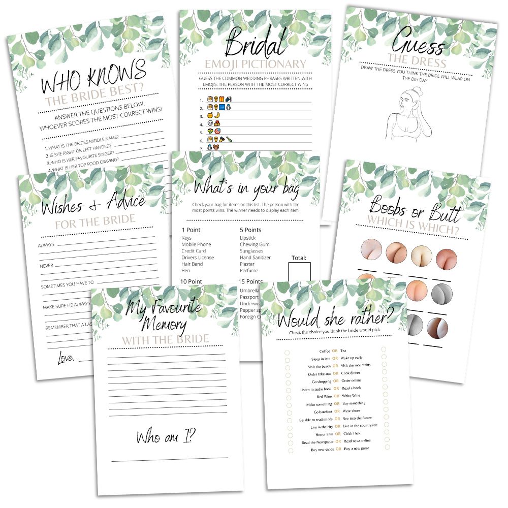 Bridal Shower Hen Party Games - 80 Game Pack for 10 Guests -  Botanical/Eucalyptus Design