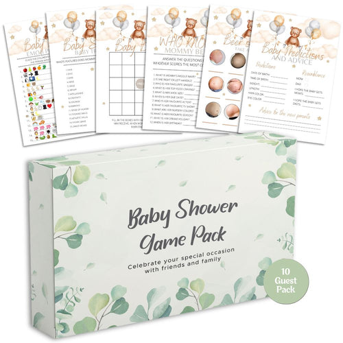 Teddy bear baby shower games bundle, six games on A6 cards