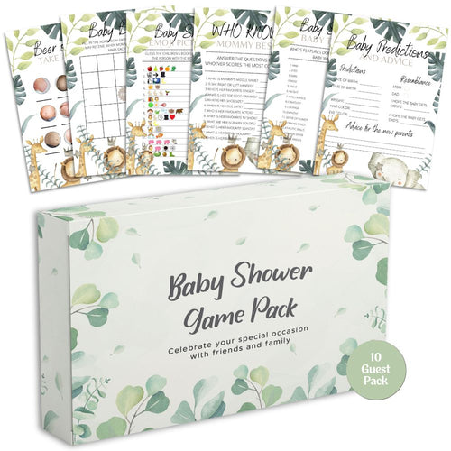 Jungle theme baby shower games bundle, six games on A6 cards