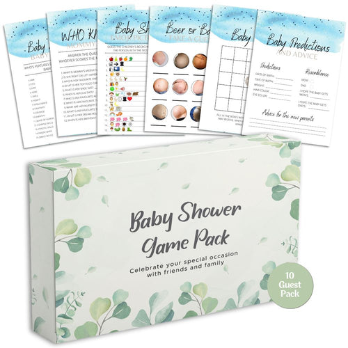 Baby boy baby shower games bundle in blue, six games on A6 cards