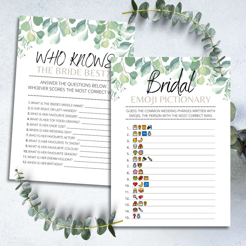 Bridal Shower Hen Party Games - 80 Game Pack for 10 Guests -  Botanical/Eucalyptus Design