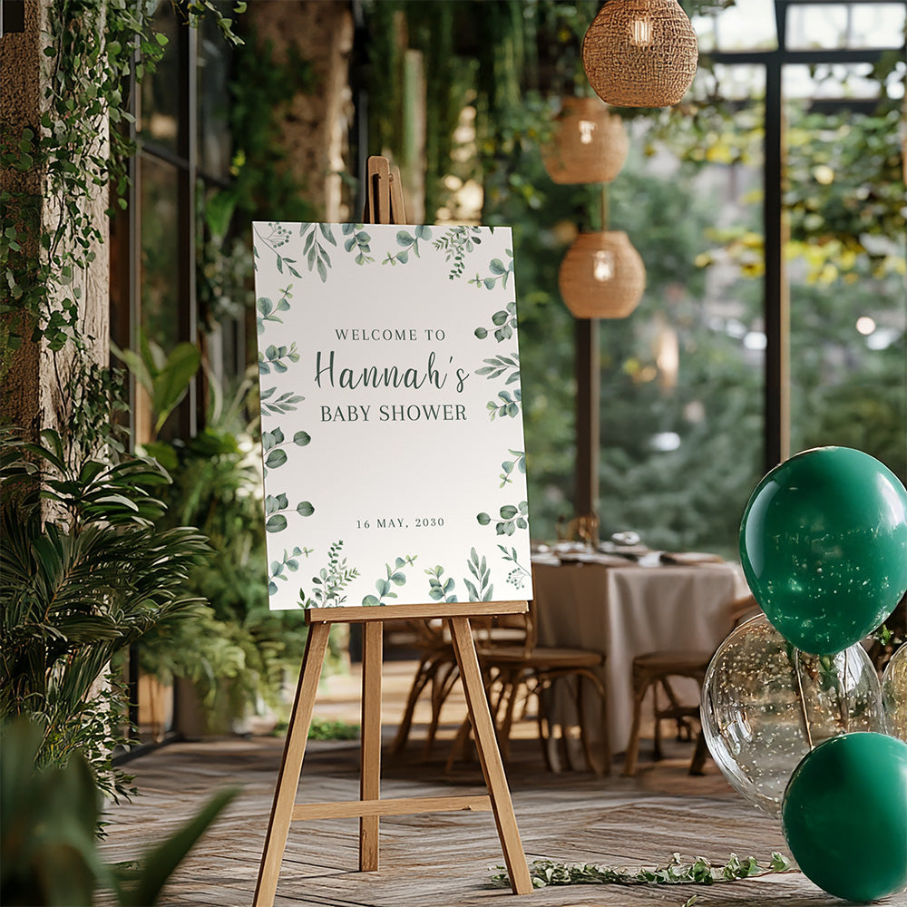 Baby Shower Welcome Sign | Eucalyptus Green Flowers