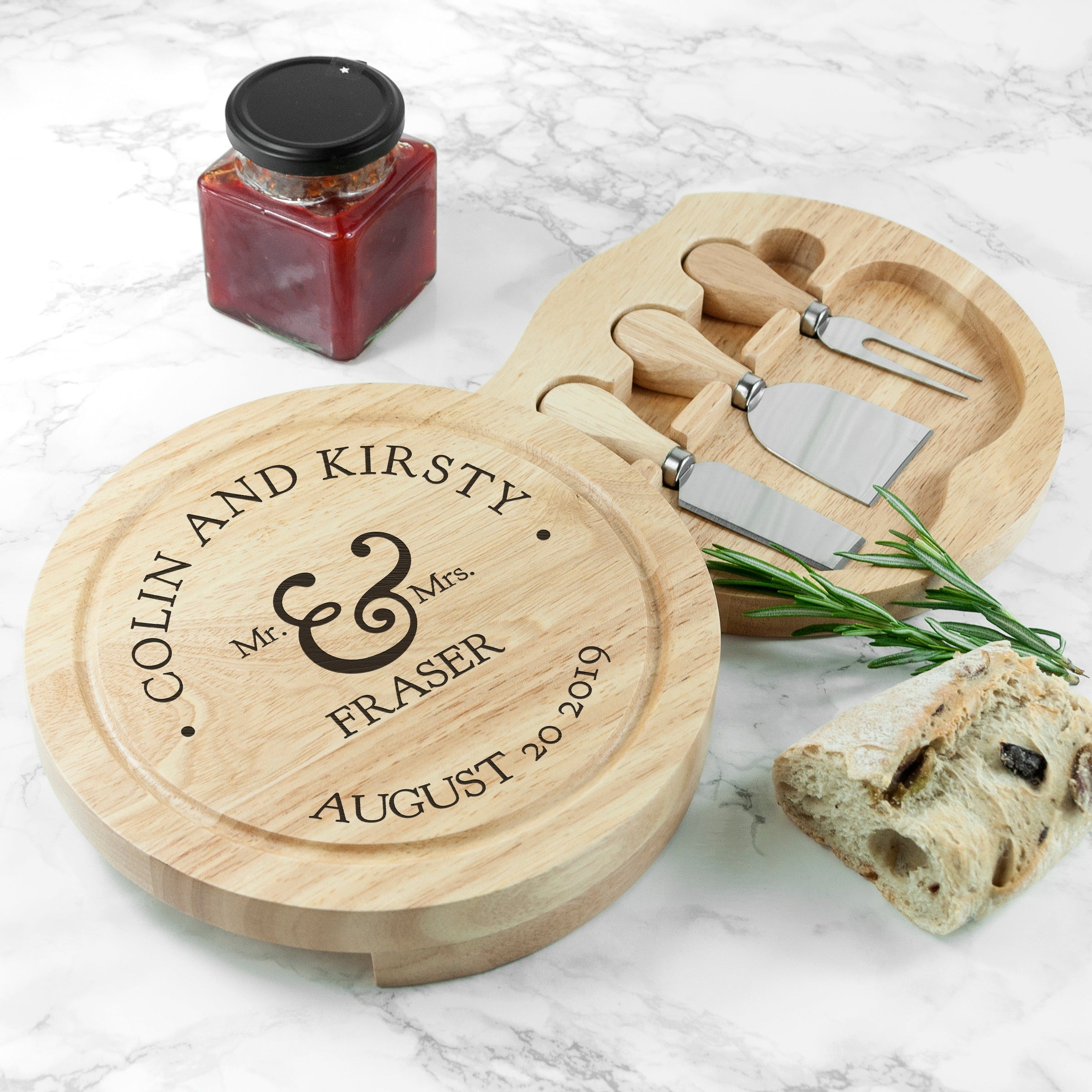 Personalised Couples Romantic Round Cheese Board with Knives