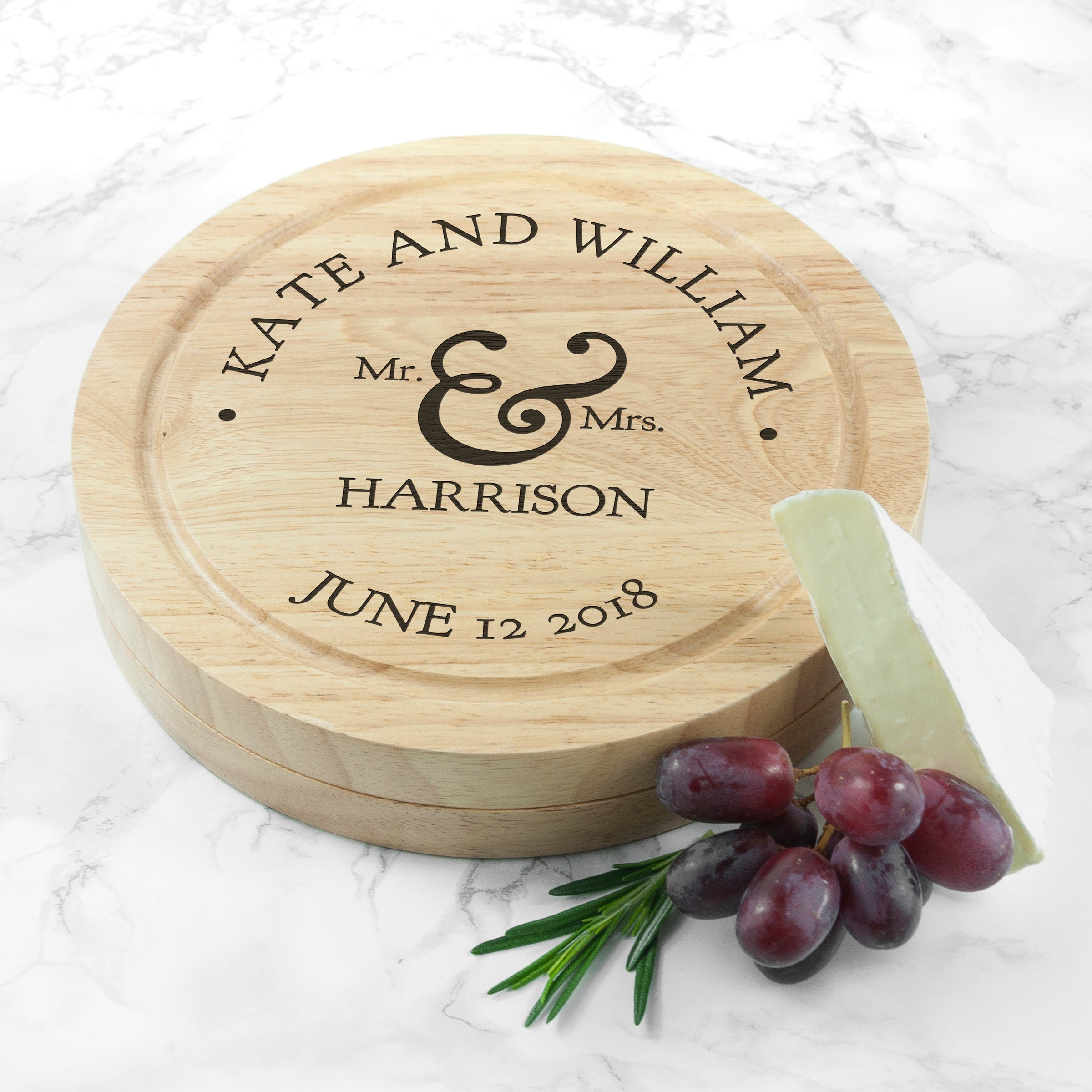 Personalised Couples Romantic Round Cheese Board with Knives