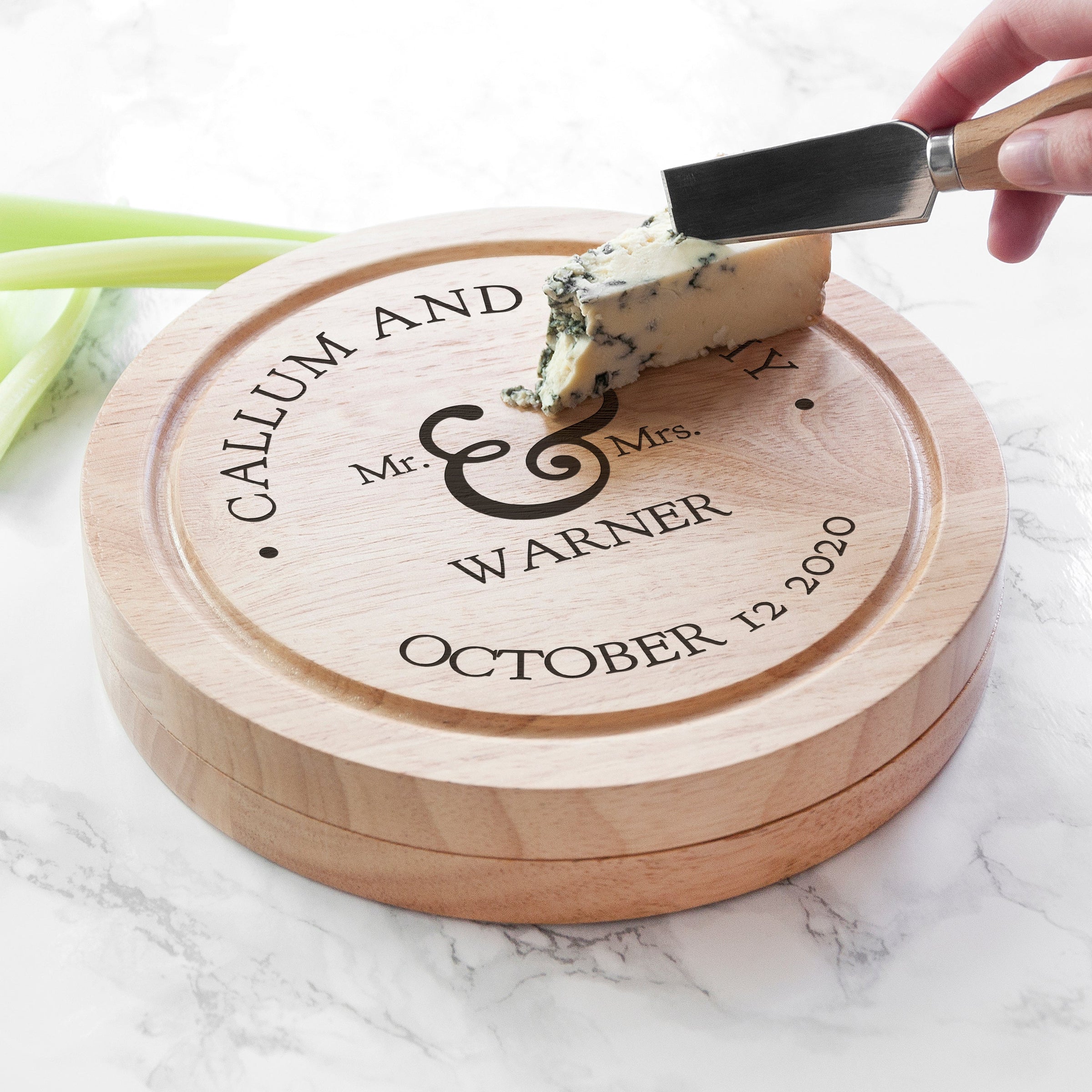 Personalised Couples Romantic Round Cheese Board with Knives