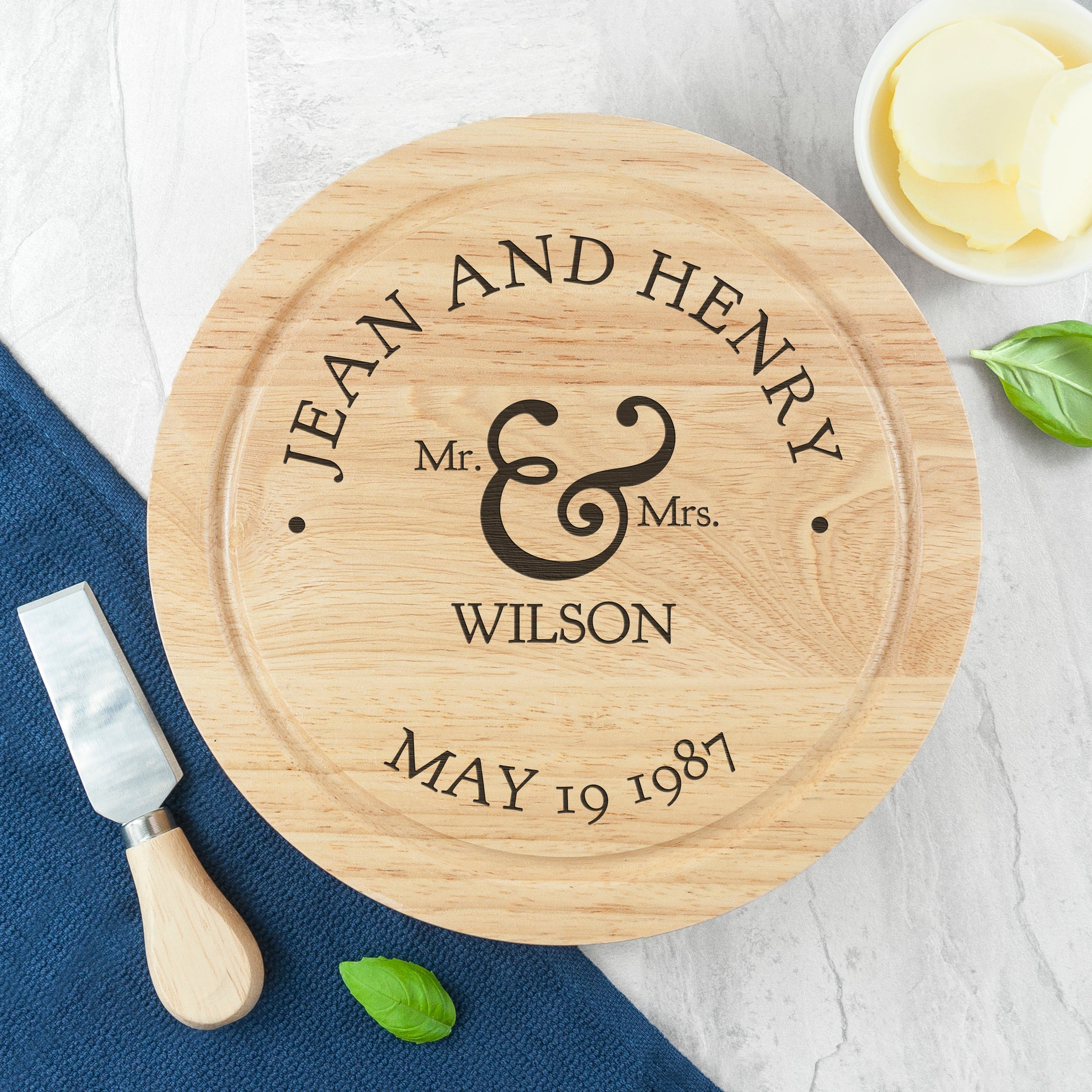 Personalised Couples Romantic Round Cheese Board with Knives