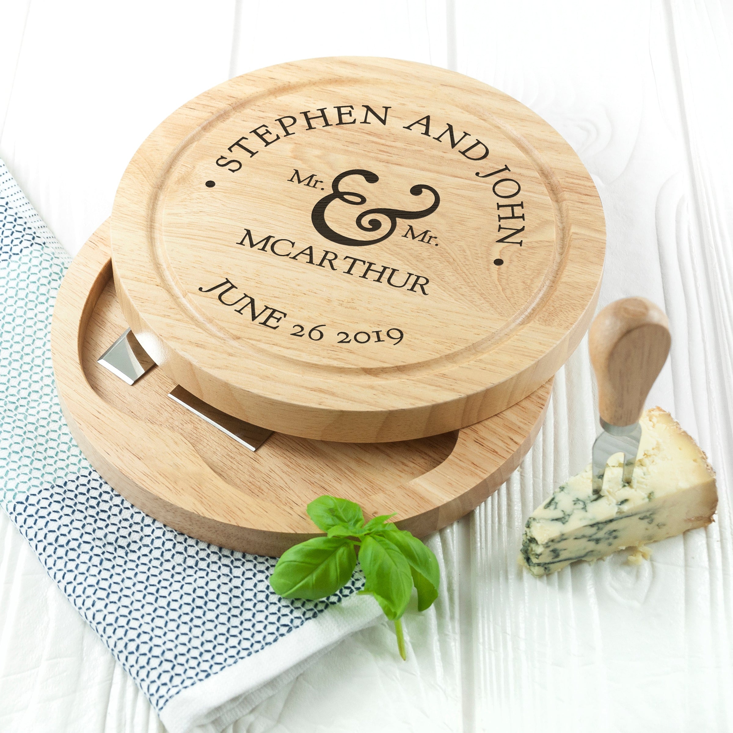 Personalised Couples Romantic Round Cheese Board with Knives