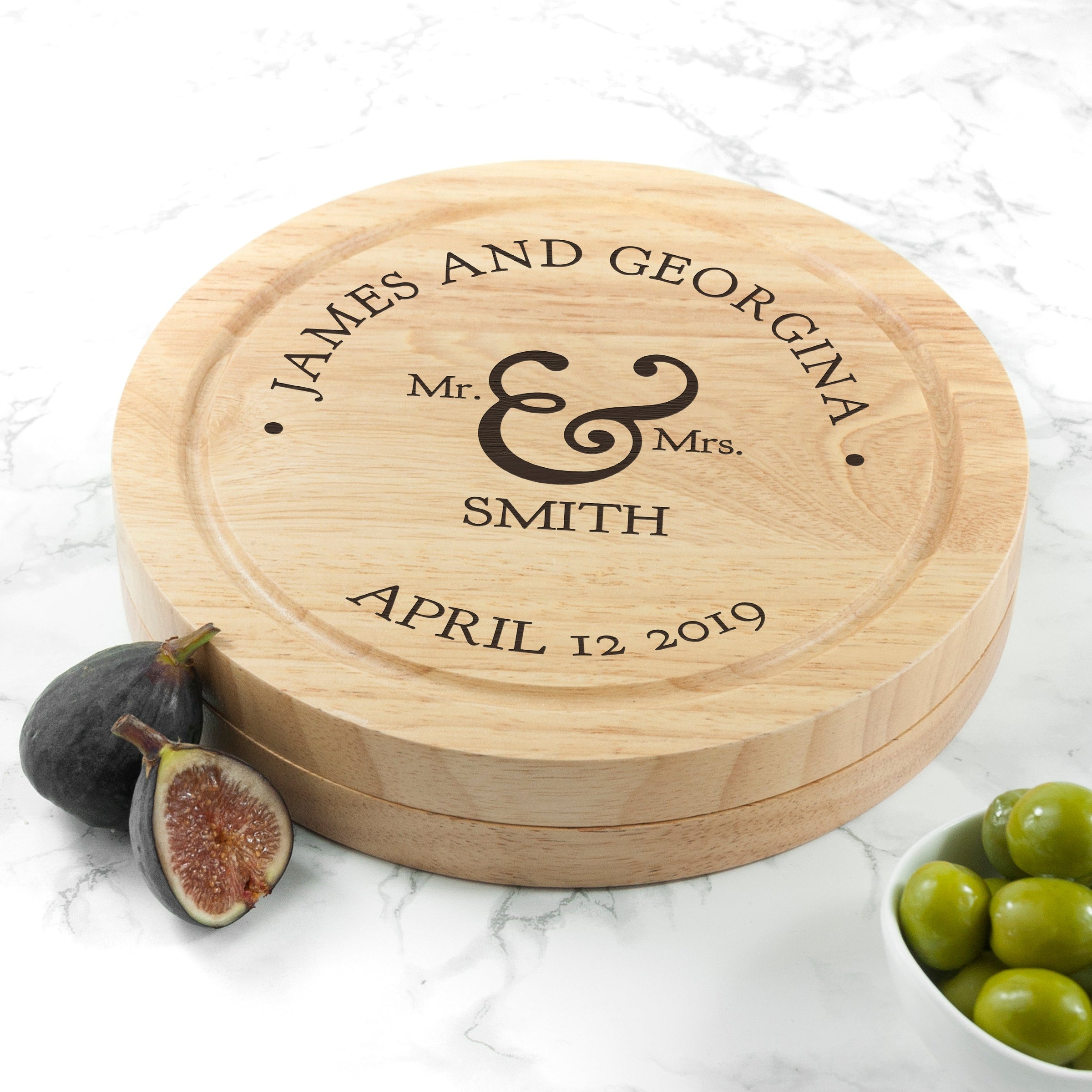 Personalised Couples Romantic Round Cheese Board with Knives