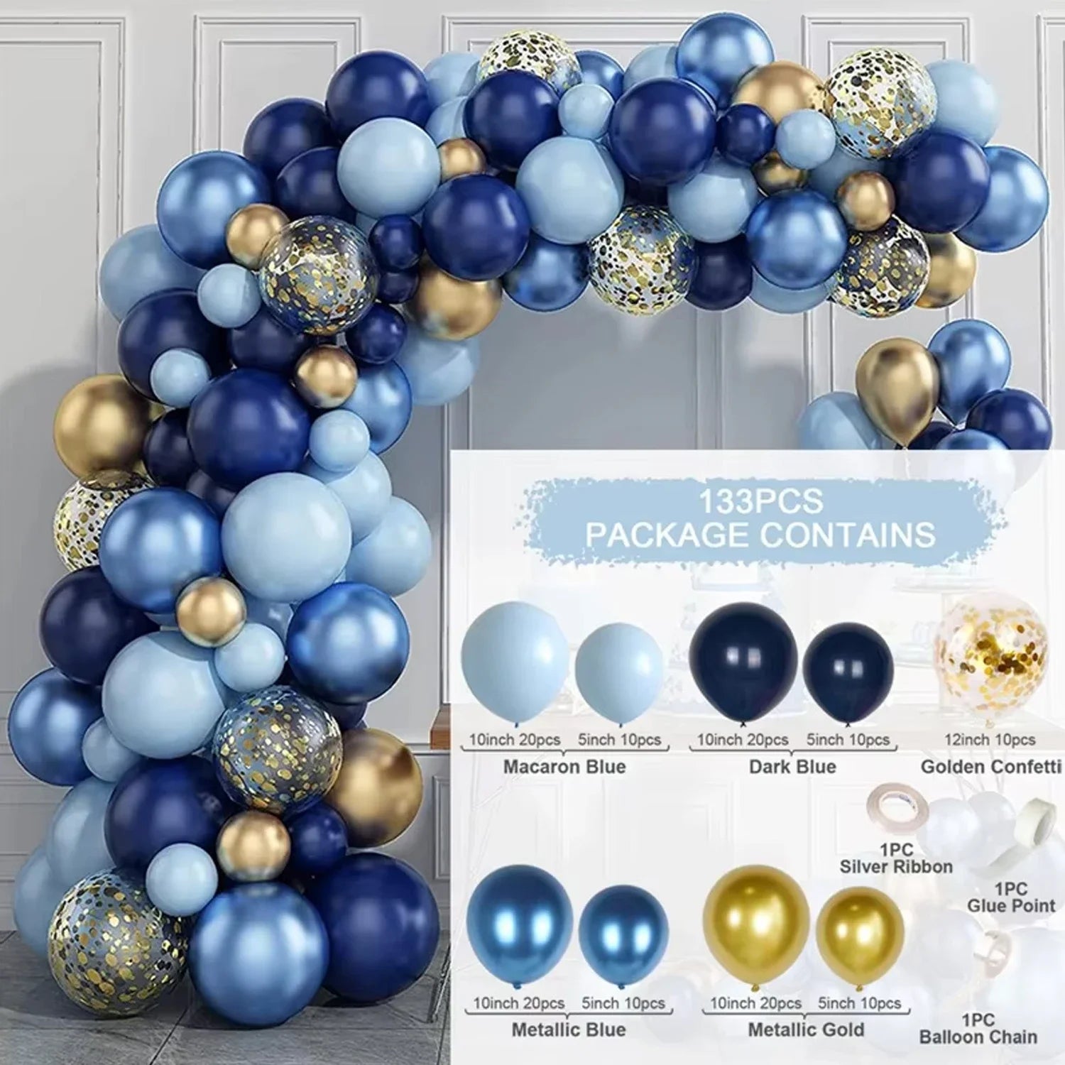 Blue White Metallic Balloons Garland Kit Gold Confetti Balloon Arch for Baby Shower Birthday Graduation Wedding Party Decoration