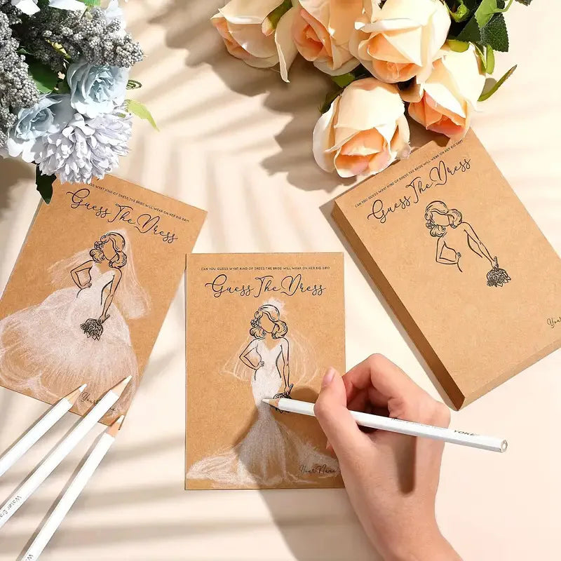 20pcs Wedding Dress Game Card with Pens Guess the Dress Bridal Shower Painting Games Hens Bachelorette Party Wedding Decoration