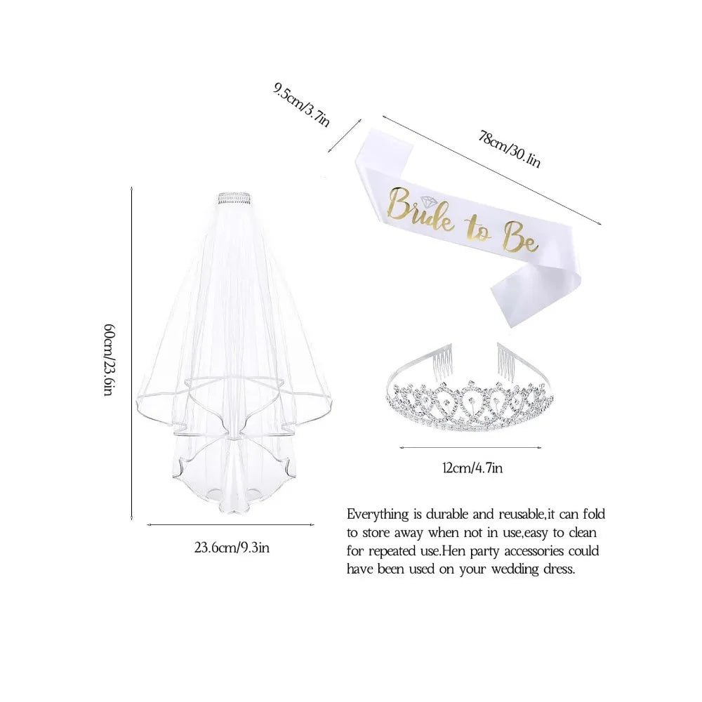 Hen Party Bride to Be Set Include Bride to Be Sash,Bridal Veil with Comb,Rhinestone Tiara for Bride Shower,Wedding,Bachelorette
