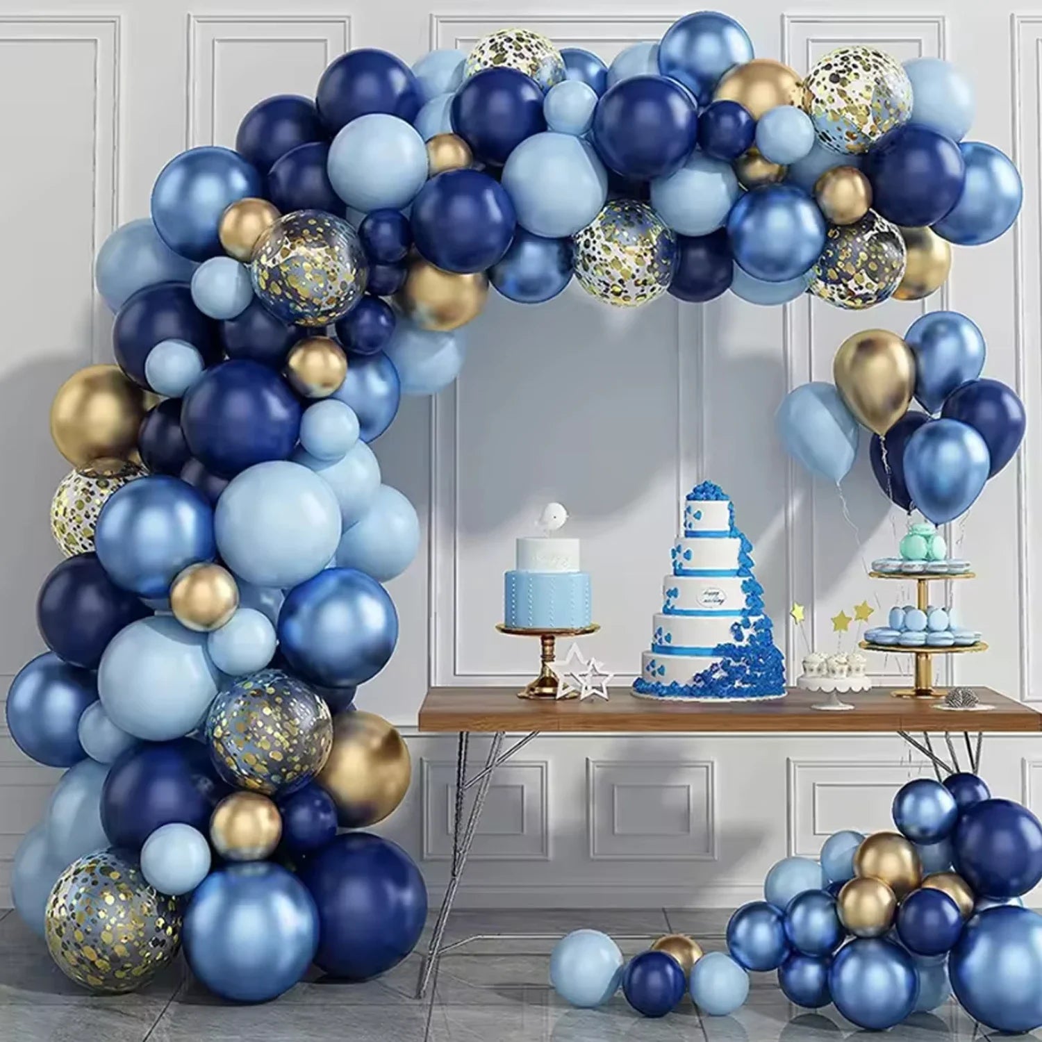 Blue White Metallic Balloons Garland Kit Gold Confetti Balloon Arch for Baby Shower Birthday Graduation Wedding Party Decoration