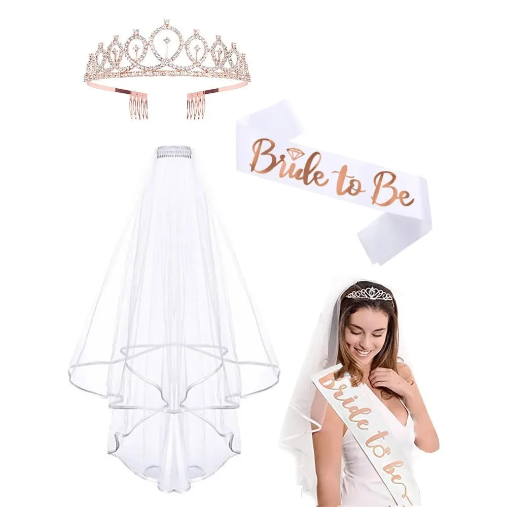 Hen Party Bride to Be Set Include Bride to Be Sash,Bridal Veil with Comb,Rhinestone Tiara for Bride Shower,Wedding,Bachelorette