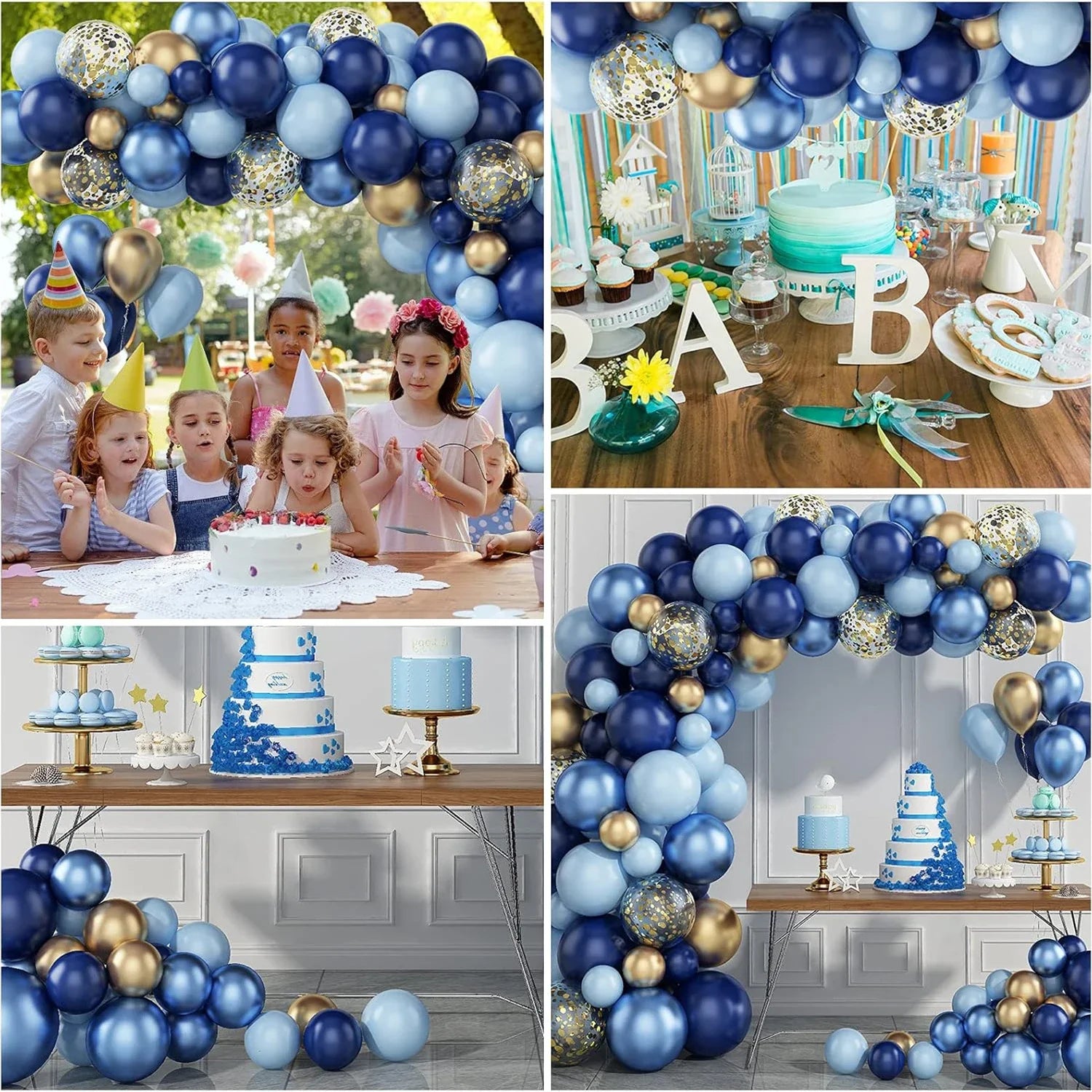 Blue White Metallic Balloons Garland Kit Gold Confetti Balloon Arch for Baby Shower Birthday Graduation Wedding Party Decoration