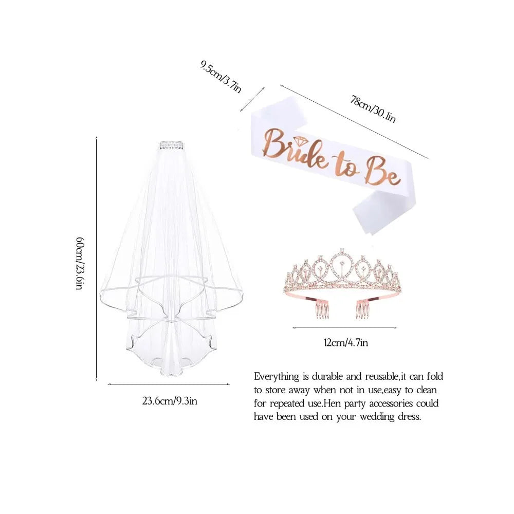 Hen Party Bride to Be Set Include Bride to Be Sash,Bridal Veil with Comb,Rhinestone Tiara for Bride Shower,Wedding,Bachelorette
