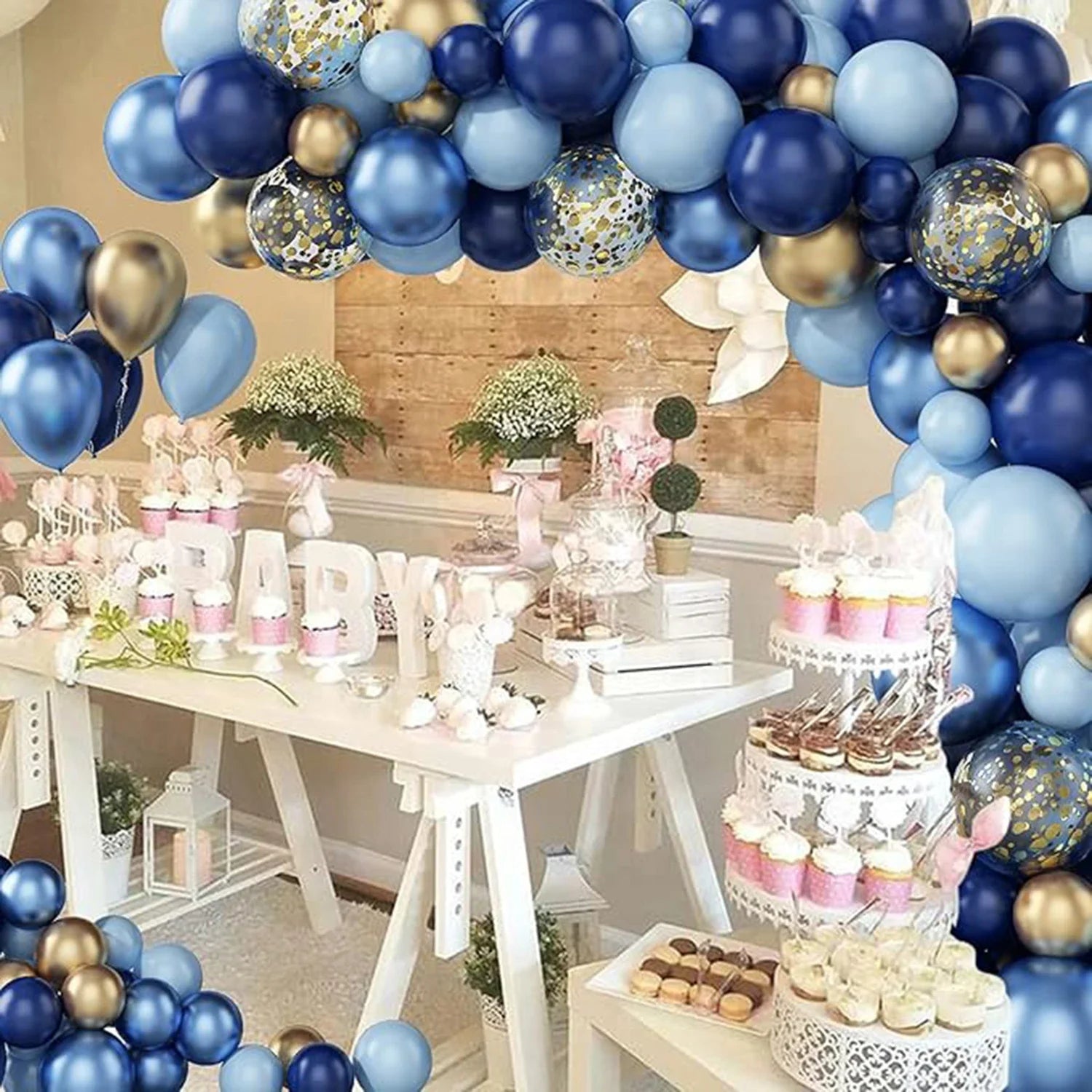 Blue White Metallic Balloons Garland Kit Gold Confetti Balloon Arch for Baby Shower Birthday Graduation Wedding Party Decoration