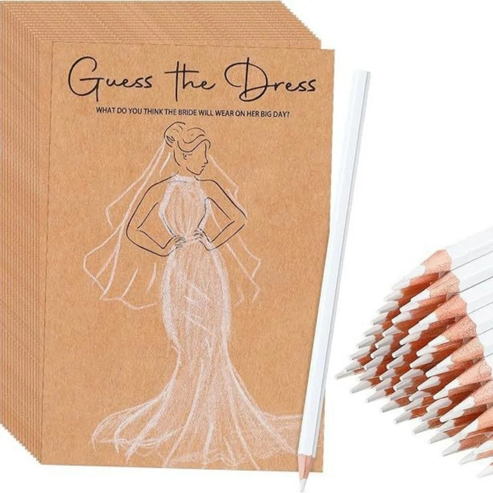 20pcs Wedding Dress Game Card with Pens Guess the Dress Bridal Shower Painting Games Hens Bachelorette Party Wedding Decoration