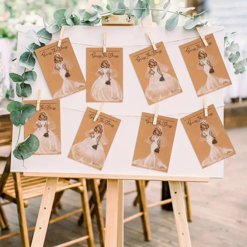 20pcs Wedding Dress Game Card with Pens Guess the Dress Bridal Shower Painting Games Hens Bachelorette Party Wedding Decoration