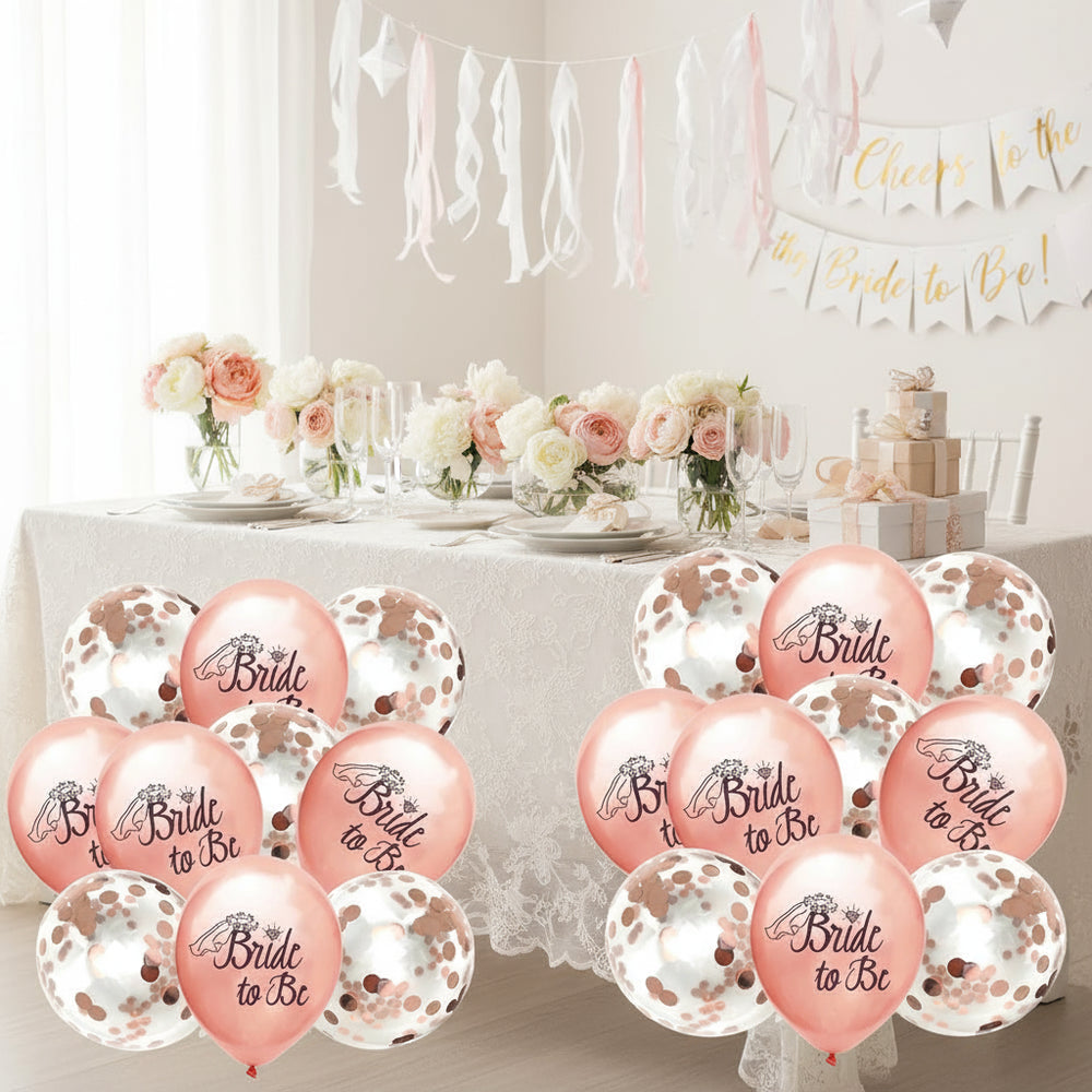 Balloons with 'Bride to Be' text and confetti on a white background