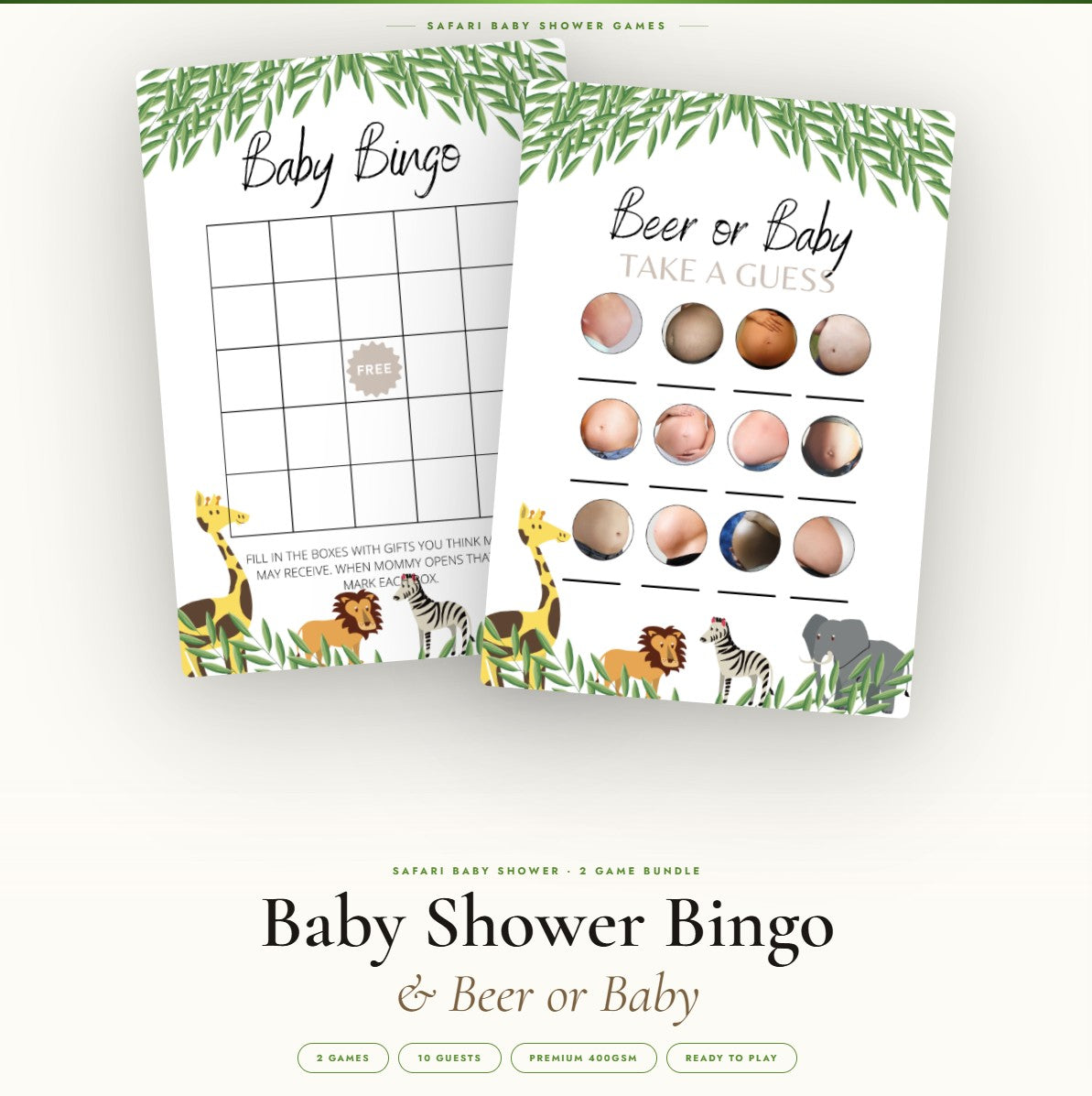 Safari Baby Shower Games | 2 Games for 10 Guests - Baby Shower Bingo & Beer or Baby