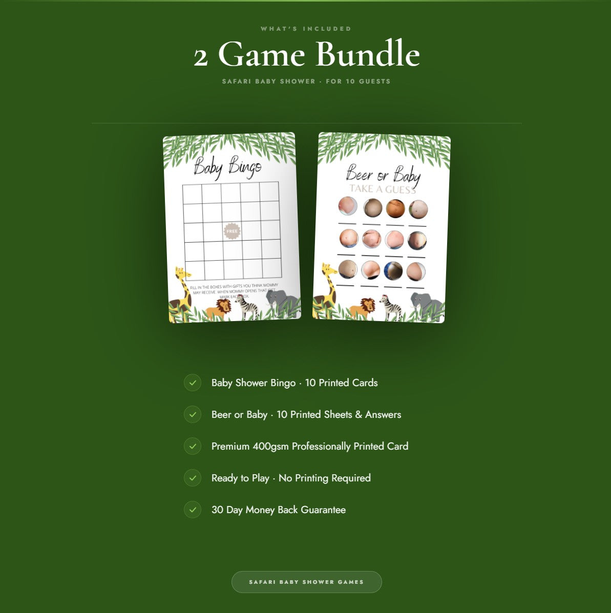 Safari Baby Shower Games | 2 Games for 10 Guests - Baby Shower Bingo & Beer or Baby