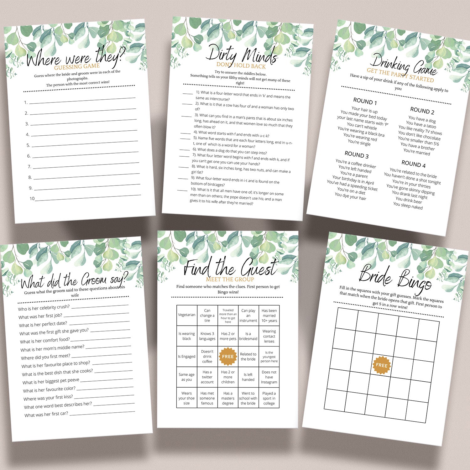 Hen Party Bridal Shower Games - 6 Game Bundle