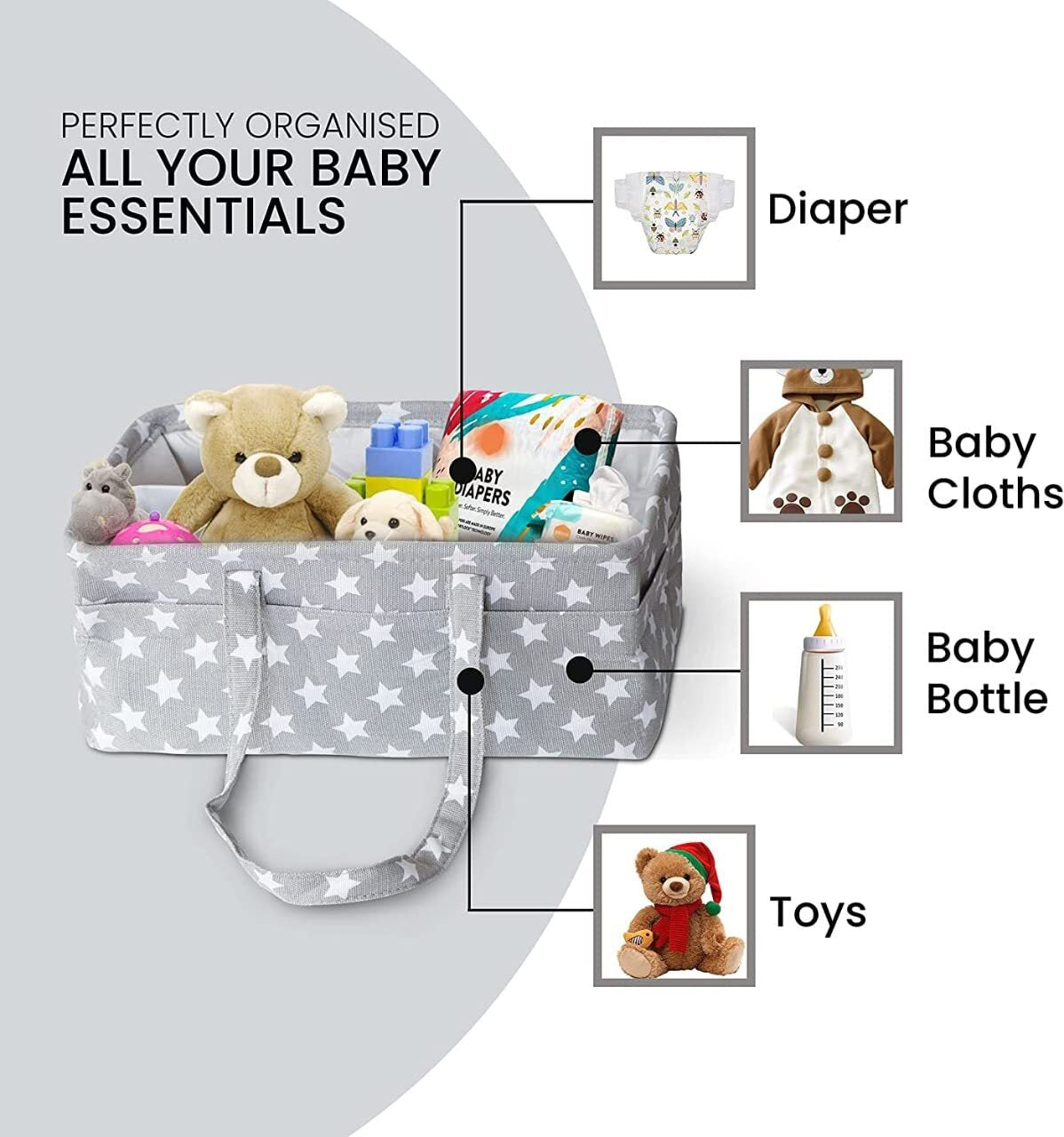 Large Grey Baby Nappy Caddy Organizer Bag Storage Diaper Changing Kids Carrier