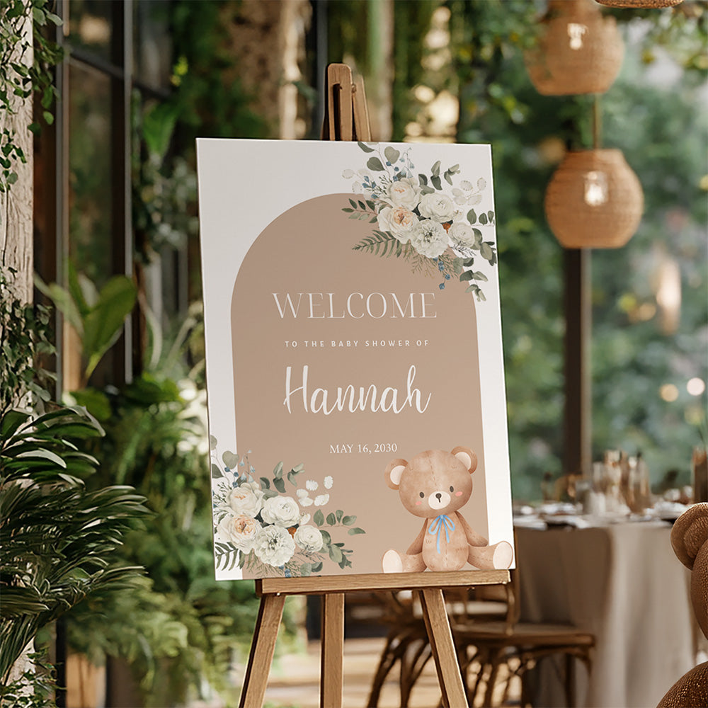 Teddy Bear Welcome to Baby Shower Sign, Beige Bear Baby Shower Poster, We Can Bearly Wait