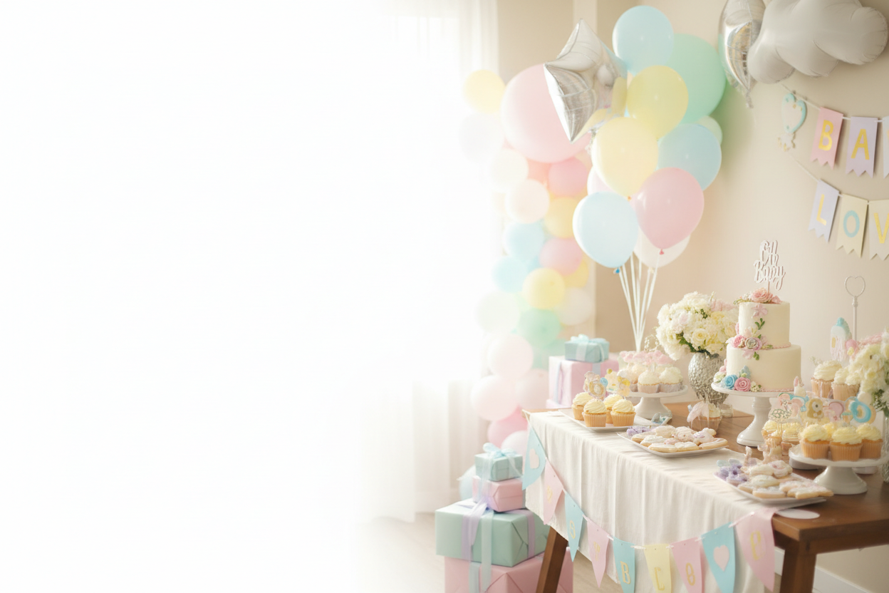 Photographic image of a Baby shower party with plenty white space on the left for text